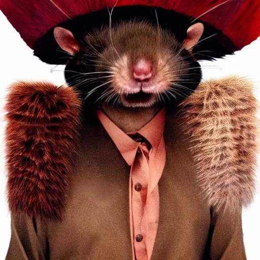 Image similar to a portrait of a human-rat hybrid with brown fur wearing a red kimono, hyper realistic, photography, film still