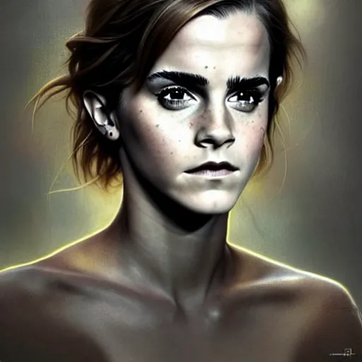 Image similar to Very funny Emma Watson looking like an old monkey, colorful painting on grey scale face, powerful , magic, thunders, dramatic lighting, intricate, wild, highly detailed, digital painting, artstation, concept art, smooth, sharp focus, illustration, art by artgerm and greg rutkowski and alphonse mucha, footage