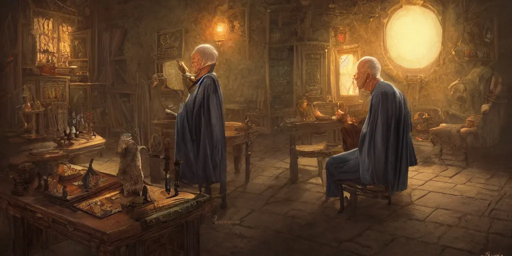 Image similar to back shot of wizened aristocrat examining the mysteries of tarot cards on a magical blackboard, fantasy art, matte painting, high quality, digital painting, artwork by tony sart