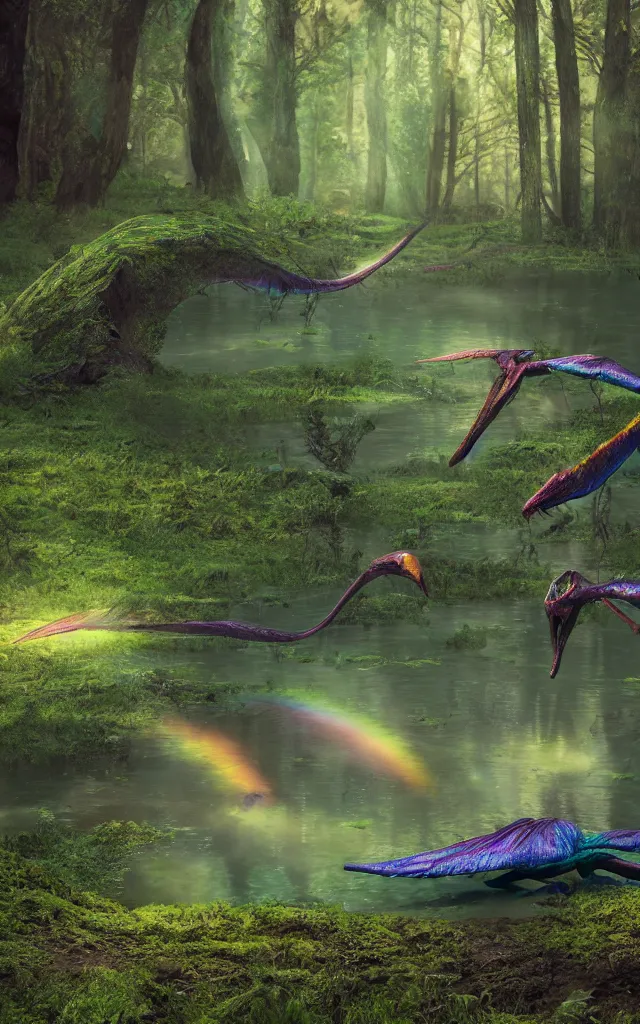 Image similar to iridiscent rainbow dim pterodactyl lying in a swamp, moss and mud, photography, 3d octane render