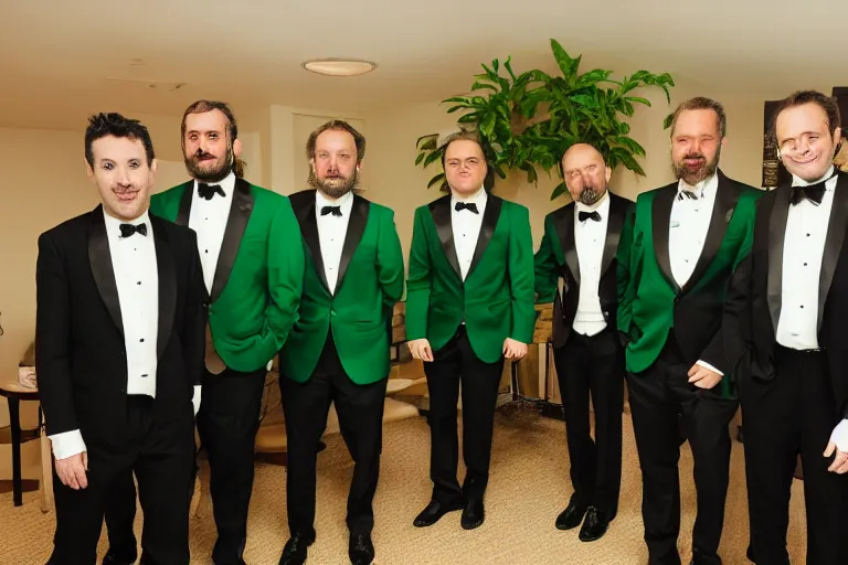 Image similar to 5 handsome middle-aged men dressed in tuxedos standing in a green room