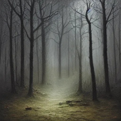 Image similar to a highly detailed oil painting of a bruning old town in a dark mystical forest, beksinski, moody, atmospheric, volumetric light, 4 k