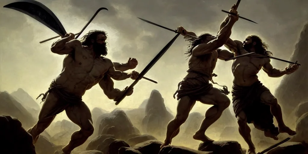 Image similar to realistic painting of biblical Cain with a spear fighting Abel with a reaper scythe, a stone altar with white smoke ascending in the background, masculine and rugged, inspired art by Frazetta + facial symmetry + bright dramatic volumetric lighting, well lit, 8k octane render, intricate, epic composition, grim yet sparkling atmosphere, cinematic lighting + masterpiece, trending on artstation, very detailed, masterpiece, stunning