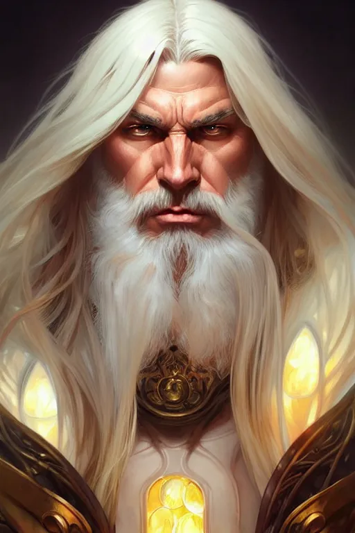 Image similar to big muscular man with long white hair, fantasy, amber eyes, face, long hair, intricate, elegant, highly detailed, digital painting, artstation, concept art, smooth, sharp focus, illustration, art by artgerm and greg rutkowski and alphonse mucha