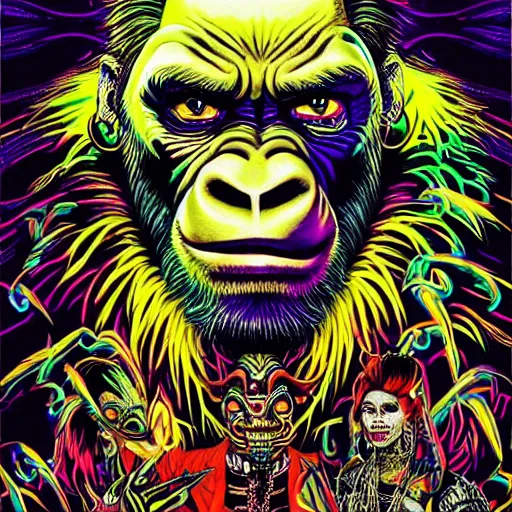 Prompt: jim carrey, will smith, madonna, lady gaga, barong family, wiwek, mara demon, one single tribe member, jungle, one single mask, dark, ancient warrior, grumpy gorilla, violence blood, tribal, inner glow, art by dan mumford and justin gerard
