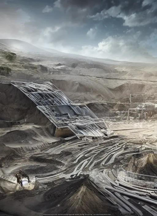 Image similar to techno chuquicamata bioremediation white mining tailing futuristic horizontal architecture, epic, cinematic, hyperealistic, high detailed, corona render, hdr, ray tracing