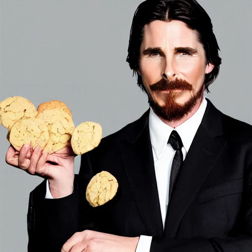 Image similar to Christian Bale wearing a suit whilst holding a cookie, film poster, 4k, award winning