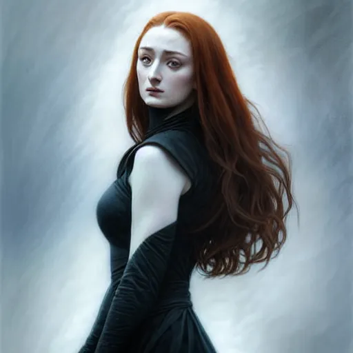 Prompt: portrait of a beautiful sansa stark, pale skin, female with long black hair, dark, piercing eyes, gentle expression, elegant clothing, photorealistic, highly detailed, artstation, smooth, sharp focus, art by michael whelan, artgerm, greg rutkowski and alphonse mucha