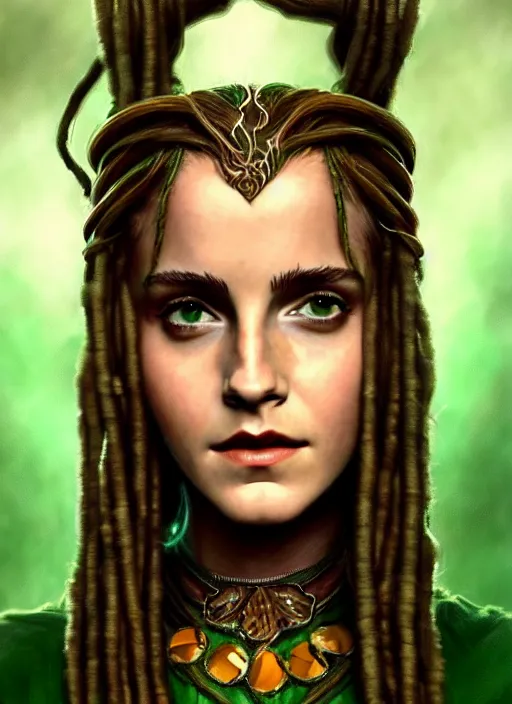 Image similar to redskin emma watson as druidess, long dreadlocks, brown and green cloth, shiny background, intricate, elegant, highly detailed, digital painting, artstation, concept art, smooth, sharp focus, illustration, artgerm, bouguereau