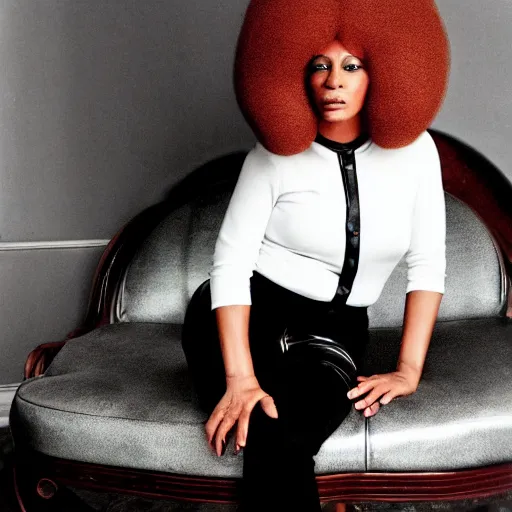 Image similar to donald trump with afro wearing 1 9 7 0 s bellbottoms clothing, black and white, full body profile, sitting on vintage leather sofa, vogue cover, dramatic lighting