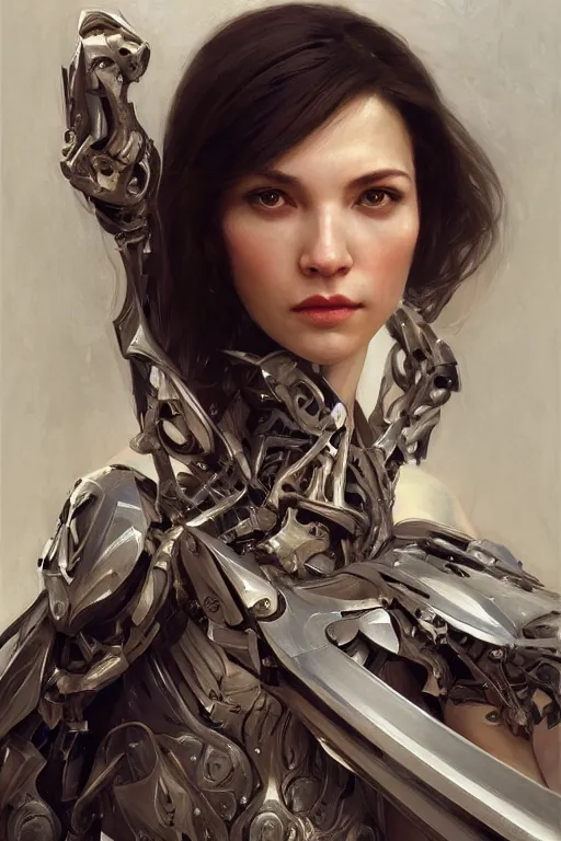 Prompt: > professional portrait of female biomechanic famous actress in pose , armor elements , long dark hair, beautiful bone structure, symmetrical facial features, intricate, elegant, digital painting, concept art, smooth, sharp focus, illustration, by Ruan Jia and Mandy Jurgens , and mucha, and Artgerm and William-Adolphe Bouguerea