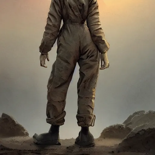 Image similar to tattooed dirty stoic butch heroic emotionless blonde woman engineer in tattered dirty coveralls, very short messy hair, victorian goggles, back pose, crossing primitive hostile alien desert, clouds of red dust, highly detailed, digital painting, artstation, concept art, matte, sharp focus, illustration, art by moebius and artgerm and greg rutkowski