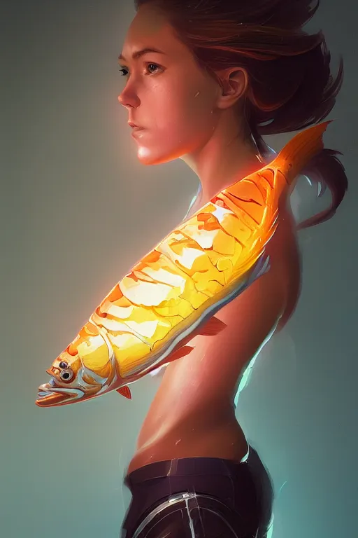 Image similar to portrait of a girl with a biomechanic scale fish and neon light by Artgerm and Greg Rutkowski , digital painting, highly detailed, trending on artstation