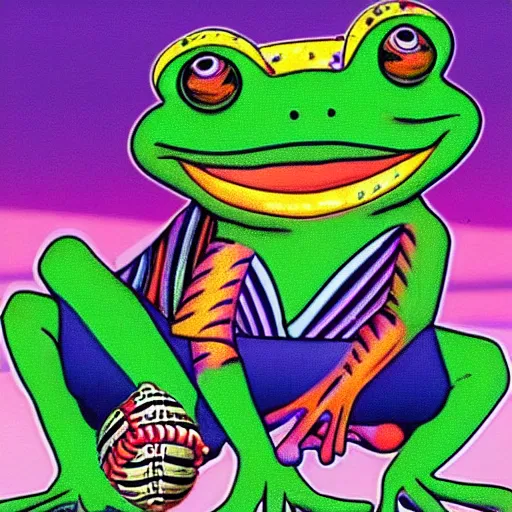 Image similar to a frog with a baseball hat lisa frank