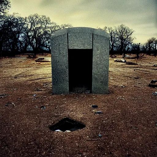 Image similar to a portrait of futuristic deserted grave, by annie leibovitz, shallow depth of field, cinematic lighting, colorful dystopian futurism