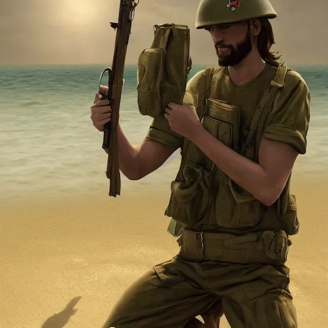 Image similar to jesus christ as a soldier on the beach during d - day trending on artstation deviantart pinterest photorealistic hd 8 k highlights and shadow detailed high resolution