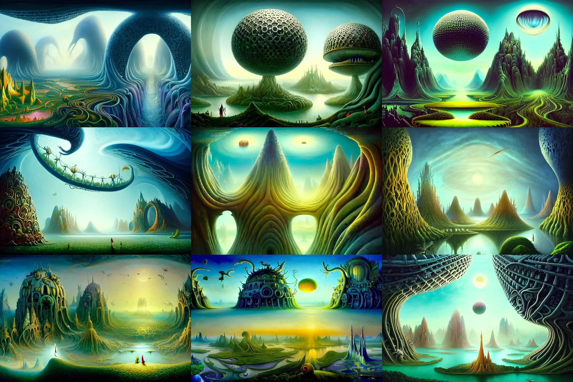 Prompt: a beautiful epic stunning amazing and insanely detailed matte painting of alien dream worlds with surreal architecture designed by Heironymous Bosch, mega structures inspired by Heironymous Bosch's Garden of Earthly Delights, vast surreal landscape and horizon by Cyril Rolando and Andrew Ferez, rich pastel color palette, masterpiece!!, grand!, imaginative!!!, whimsical!!, epic scale, intricate details, sense of awe, elite, fantasy realism, complex composition, 4k, 8k, HD, wallpaper, artstation