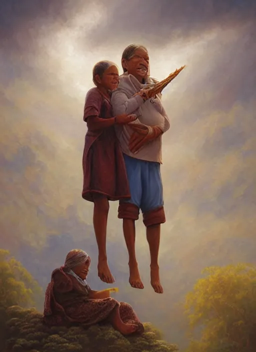 Image similar to portrait of a indigenous grandparents in the clouds, smiling, protection, benevolence, ancestors, art by christophe vacher