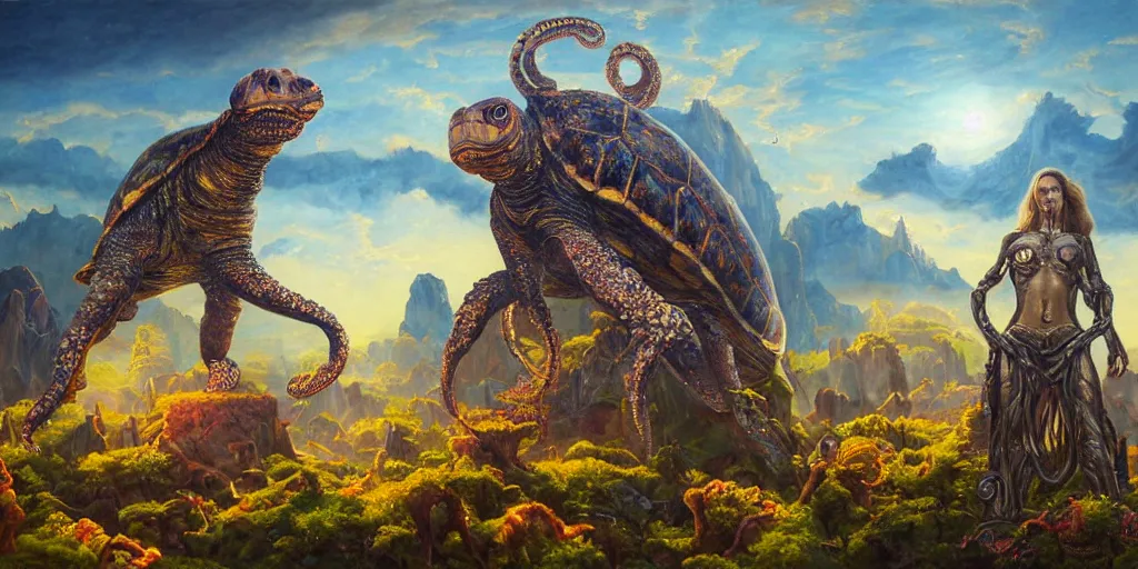 Image similar to fantasy oil painting, great leviathan, cybernetic turtle cephalopod terrapin reptilian pachyderm squid, bella hadid, hybrid, milla jovovich, anubis, epic natural light, lush plants flowers, spectacular mountains, bright clouds, luminous sky, outer worlds, golden hour, michael cheval, edward hopper, michael whelan, vray, hd