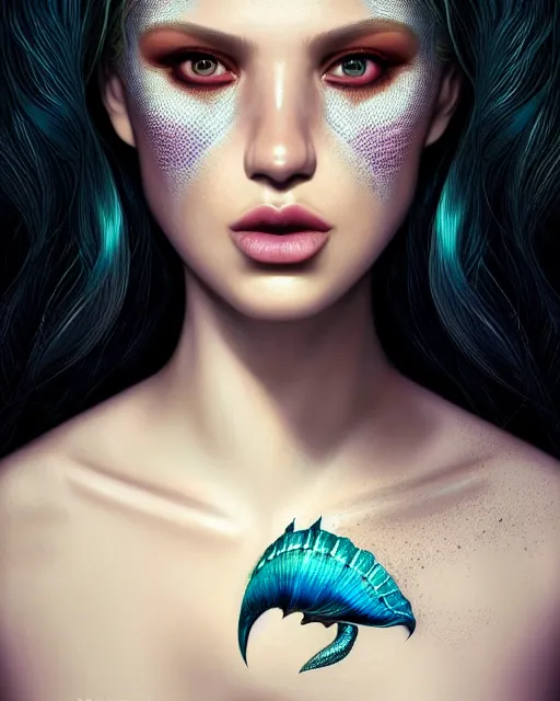 Prompt: ( ( ( portrait of mermaid ) ) ), zoom, rule of thirds, intricate, attractive, symmetrical!!, makeup, loreal, maybelline, sephora, loreal, artstation, art by greg rutkowski and gonzalo ordonez arias, and artgerm, filmic, vsco, moody, gotham, concept art, cg society,