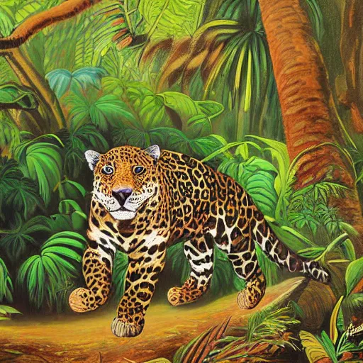 Image similar to a velvet painting of a colorful jaguar in a jungle scene by edgar leeteg