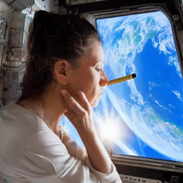 Prompt: a woman smoking a cigarette in a space station with a view of earth through a window