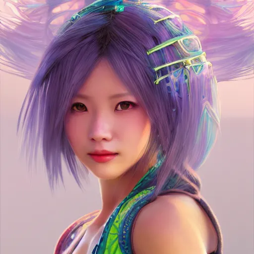 Image similar to a head and shoulders portrait of Yuna from Final Fantasy X, neon, retro, smooth, sharp focus, intricate, artstation, detailed concept art by Rutkowski and Mucha and sky sewa and Marc Simonetti