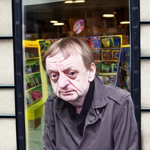 Image similar to mark e smith crouched behind a display window outside a pet shop, he is for sale