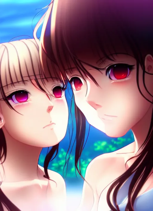 Image similar to two beautiful mothers out on a humid summer day, gorgeous faces, thick lines, cinematic lighting, detailed anime art