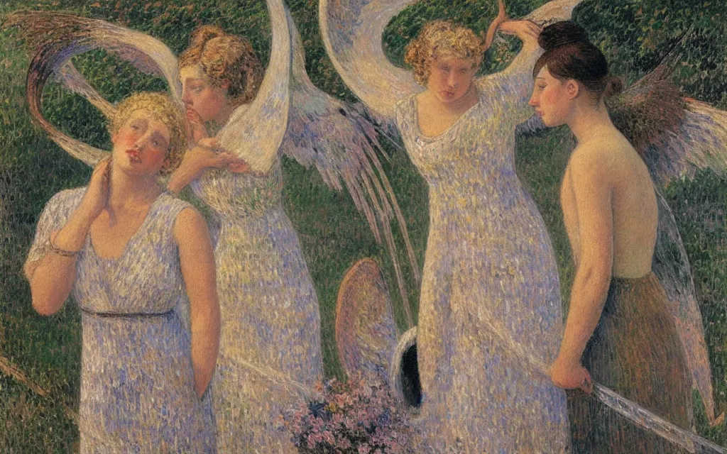 Prompt: vision of angels with a broken halo, trying to fix it by camille pissarro and paul gustave fischer