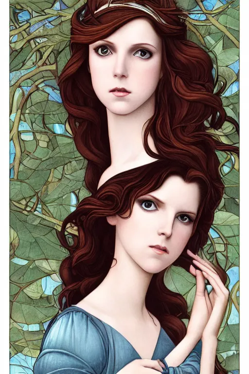 Prompt: dream goddess who looks like anna kendrick, in a mixed style of Botticelli and Æon Flux, inspired by pre-raphaelite paintings and shoujo manga, amazing detail, stunning lines, flat colors, 4K photorealistic