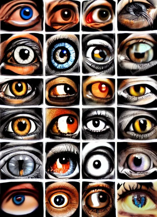 Prompt: side by side, faces, human eyes!, black centered dot pupil, circle iris, happy smiling human eyes, round iris, eyelashes, tired half closed, advanced art, art styles mix, from wikipedia, eye relections, hd macro photographs, montage of grid shapes