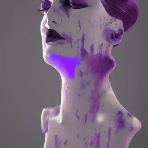 Image similar to abstract female face sculpture melting in white marble and amethyst crystals quartz, ethereal lights, fine details, film still, cinematic photoshooting, luxury, strong wind, dark mood, sad, liquid acrylic painting, optical cables, cold colors, golden filigree, lens flares, octane render