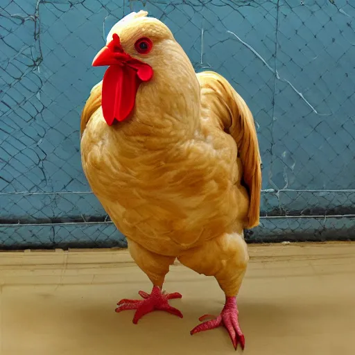 Prompt: chicken wearing prisoner suit