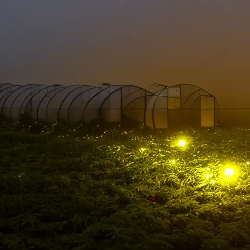 Prompt: nighttime photograph of a round illuminated tomato greenhouse in the mist