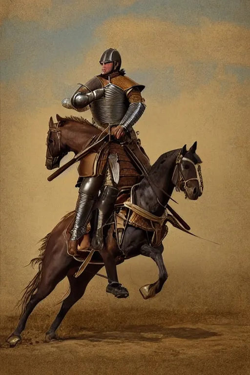 Image similar to ( ( ( ( ( ( ( a knight riding a horse with wagon wheels ) ) ) ) ) ) ) by chris mcgrath and greg rutowski and wlop!!!!!!!!!!!!!! muted colors, detailed