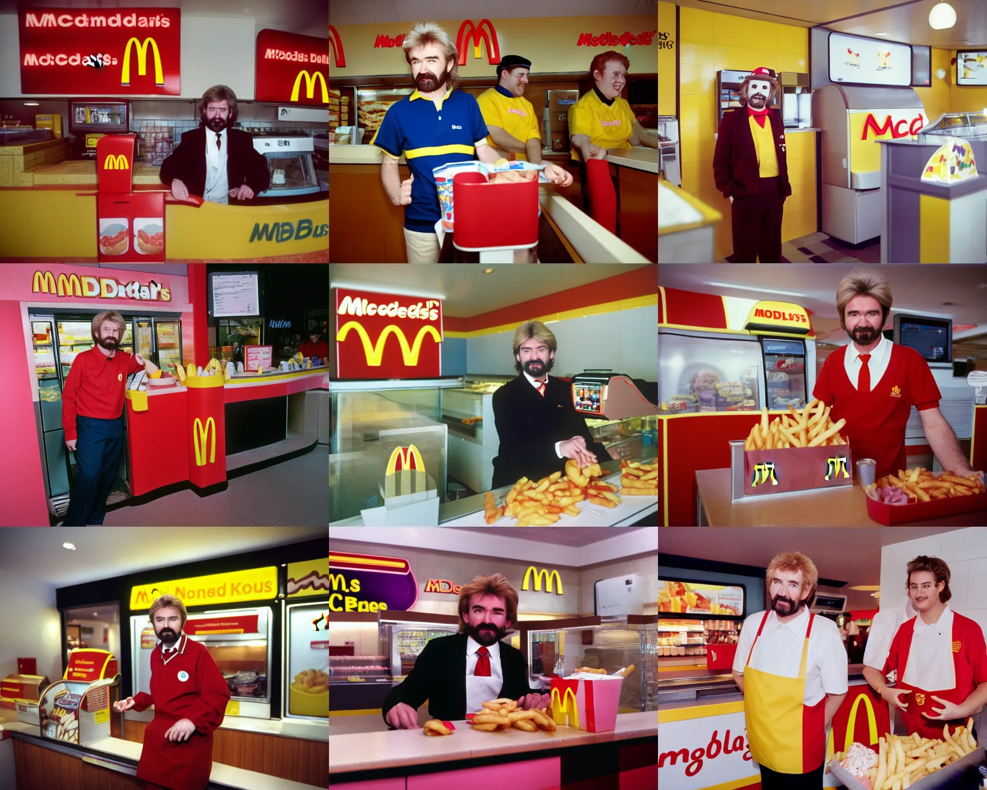 Prompt: noel edmonds wearing mcdonalds brown uniform, behind the counter at mcdonalds asking if you want fries with that to mr blobby, portra 4 0 0