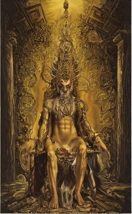 Prompt: epic omnious academic drawing of stunningly beautiful Slaanesh his Highness the chaotic androgynous deity sitting in a regal pose on a solid diamond throne in a solemn golden and marble slaaneshite temple inspired by the most opulent temples of ancient Greece by Zdislaw Beksinski, Alex Gray, Greg Rutkowski, Robert McCall, CGsociety, iridescent palette