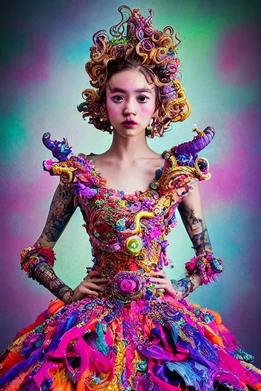 Prompt: A full body shot of a cute and mischievous young monster princess wearing an ornate gown. Covered in barnacles and tentacles. Dynamic Pose. Quinceanera dress. Rainbow palette. rainbowcore. Dramatic Lighting. Eldritch. defined facial features, symmetrical facial features. Opalescent surface. Emerging from the darkness. Elegant. By Ruan Jia and Artgerm and Range Murata and WLOP and Ross Tran and William-Adolphe Bouguereau. Key Art. realistic, Hyperdetailed. Fantasy Illustration. Masterpiece. artstation, award winning, sharp, details, HD, HDR, 4K, 8K.