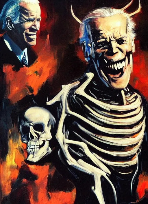 Image similar to joe biden satan, skeleton, libtard scary, painting by phil hale, fransico goya,'action lines '!!!, graphic style, visible brushstrokes, motion blur, blurry, visible paint texture, crisp hd image