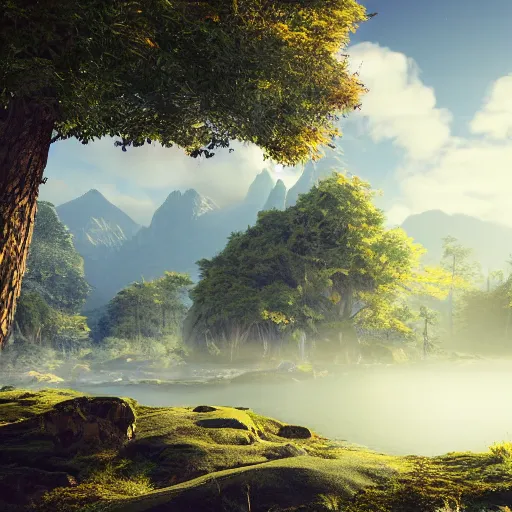 Image similar to majestic landscape, realistic, atmospheric, 8 k, octane render, unreal engine, lumion