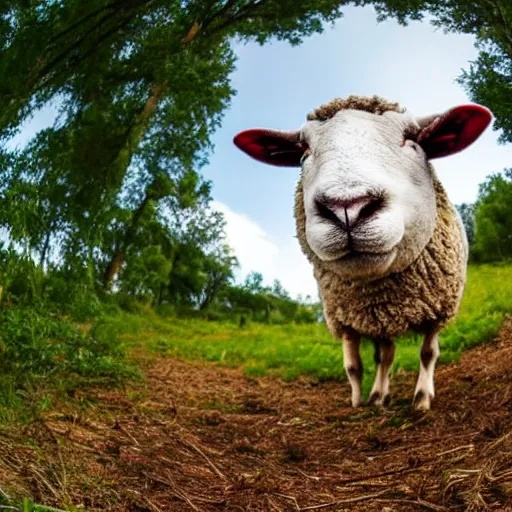 Prompt: closeup photo of a sheep on a clearing, extreme wide angle, fisheye lens