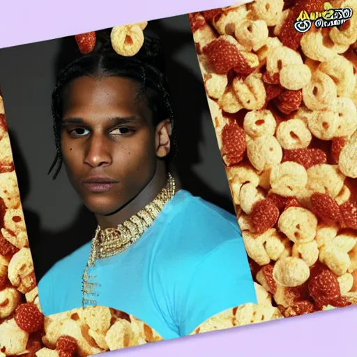 Prompt: asap rocky, on a cereal box