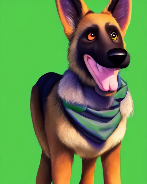 Prompt: digital painting full body of anthropomorphic furry female german shepherd dog, in style of zootopia, female fursona, furry, furaffinity, 4 k, deviantart, furry art, fursona art, wearing a green shirt, dog fursona, female, cute detailed feminine face,