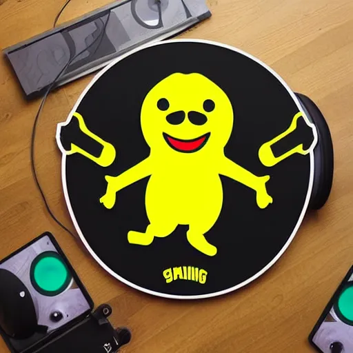 Prompt: svg sticker of a Dancing-Banana, at a rave, spinning records, giant headphones rocking out, wearing headphones, huge speakers, dancing, rave, DJ, spinning records, digital art, amazing composition, rule-of-thirds, award-winning, trending on artstation, featured on deviantart