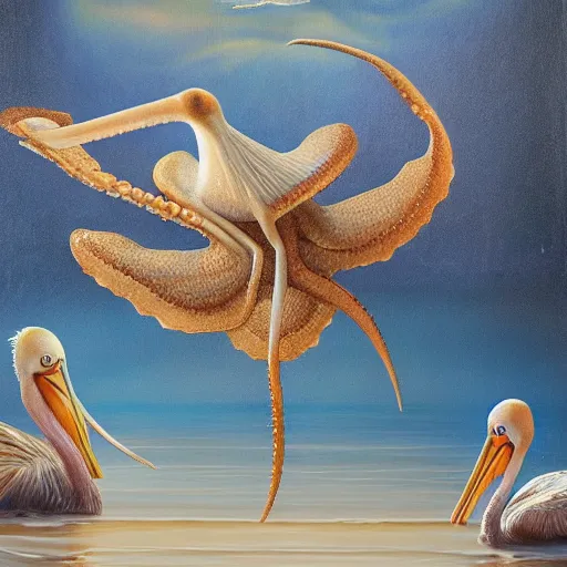 Prompt: an octopus learning to fly with pelicans, oil on canvas, intricate, 8k highly professionally detailed, HDR, CGsociety