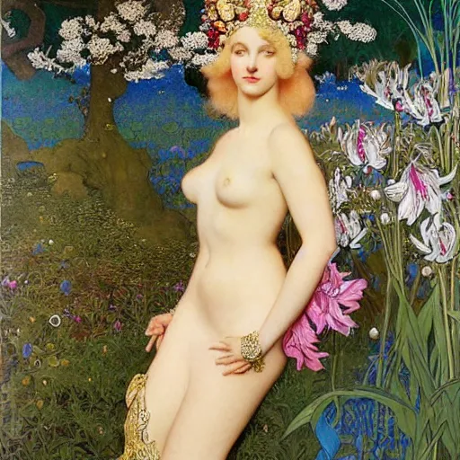 Prompt: beautiful blonde young woman wearing an elaborate jeweled headdress with lilies portrait by frank cadogan cowper, maxfield parrish, william morris, edmund dulac, and alphonse mucha, beautiful refined detailed dreamscape