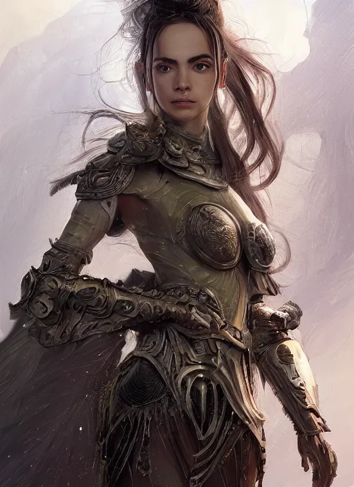 Image similar to a professional portrait of a beautiful young female, clothed in ethereal battle armor, olive skin, long dark hair, beautiful bone structure, symmetrical facial features, intricate, elegant, digital painting, concept art, smooth, sharp focus, finely detailed, illustration, from Valerian and the City of a Thousand Planets, in the style of Ruan Jia and Mandy Jurgens and Artgerm and Greg Rutkowski and William-Adolphe Bouguerea