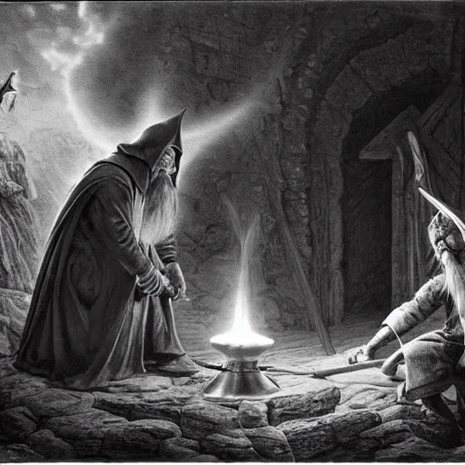 Prompt: the evil ian mckellen smithing on an anvil as gandalf in a dark viking hood playing odin all father crafting the bright sphere of life on an anvil, highly detailed, cinematic shot, cinematic lighting, 8 k, exquisit facial detail, colored painting by gustave dore and artemisia gentileschi, chiaroscuro, dark painting.