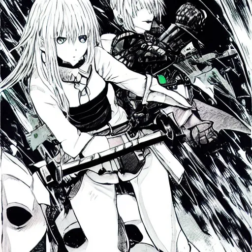 Prompt: extremely strong white haired girl fighting a full armored black knight, art by inio asano